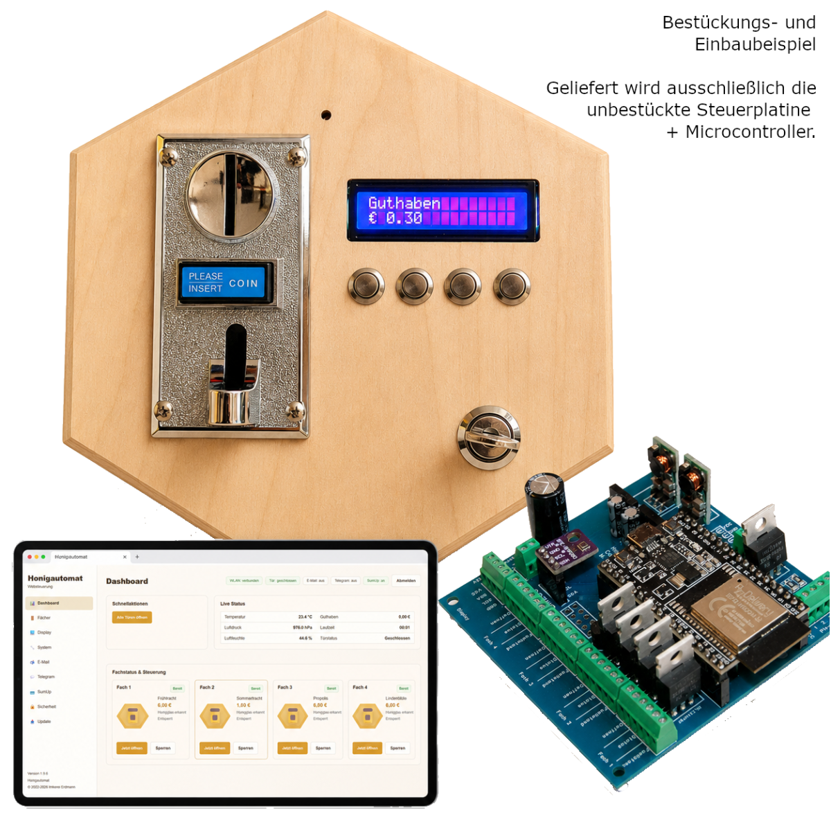 Frontplatte, Elektronik und Steuerungsplatine des Honigautomaten