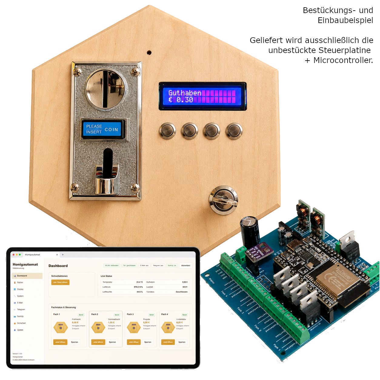 Frontplatte, Elektronik und Steuerungsplatine des Honigautomaten