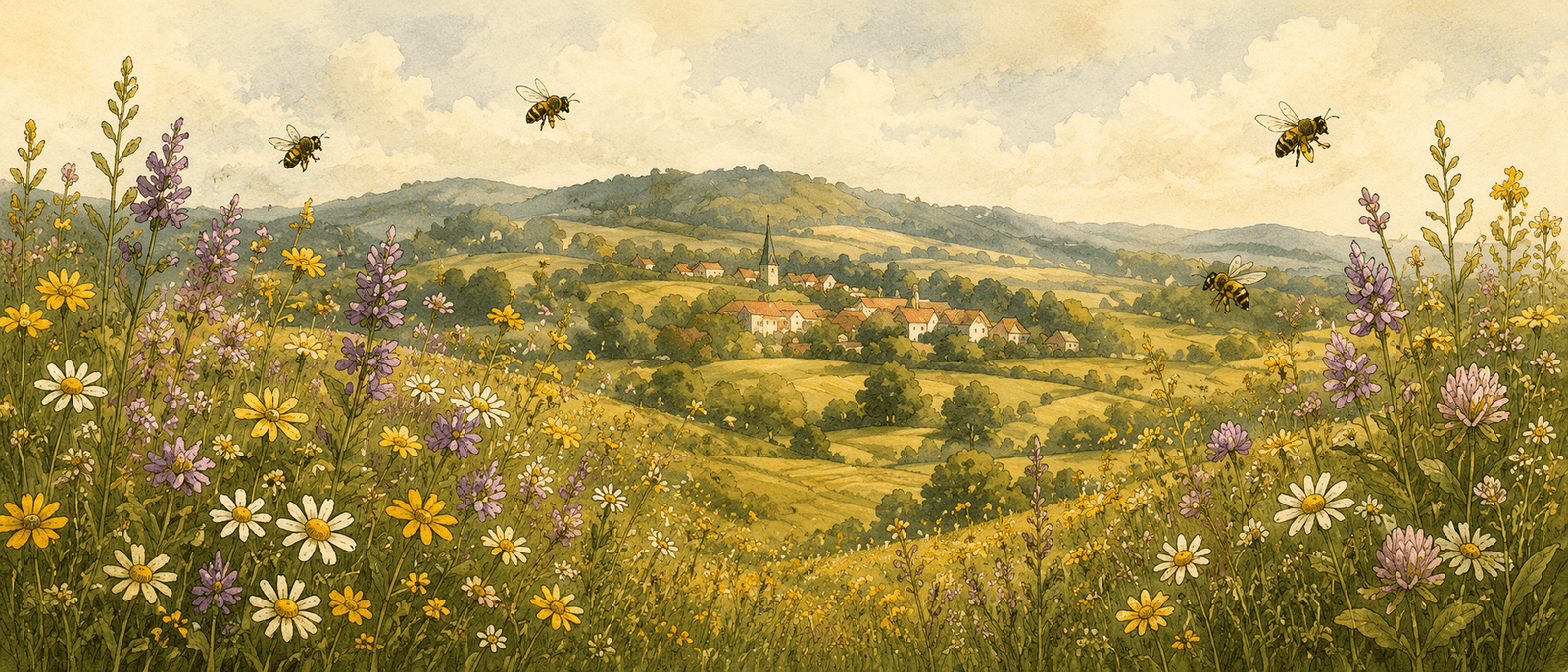 Landschaft mit Wiesen und Bienenständen