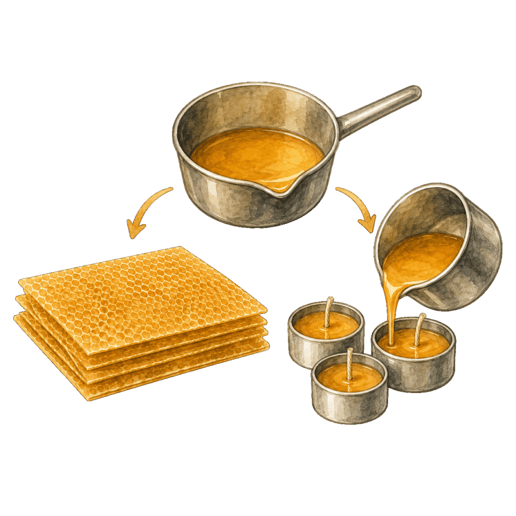 Bienenwachs, Waben und Werkzeuge zur Verarbeitung