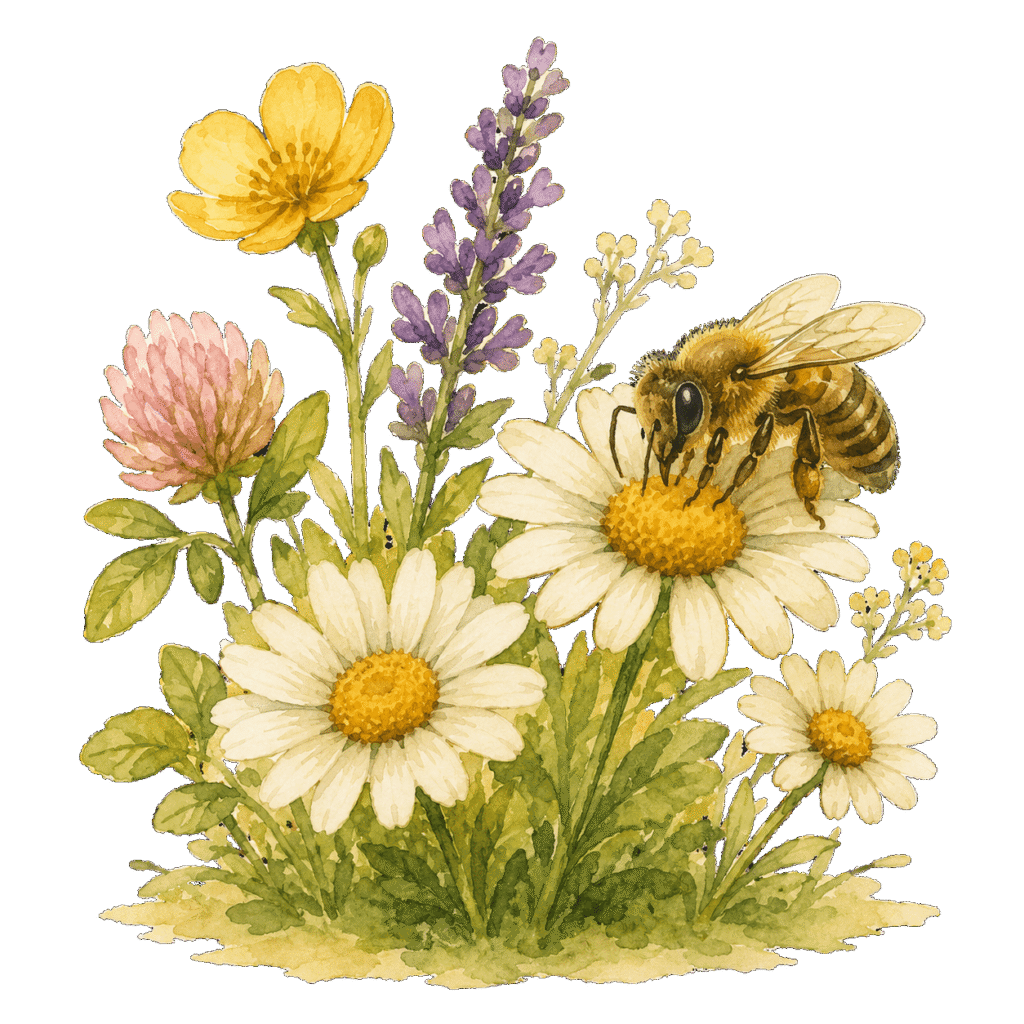 Honigbiene zwischen Margeriten und weiteren Wildblumen