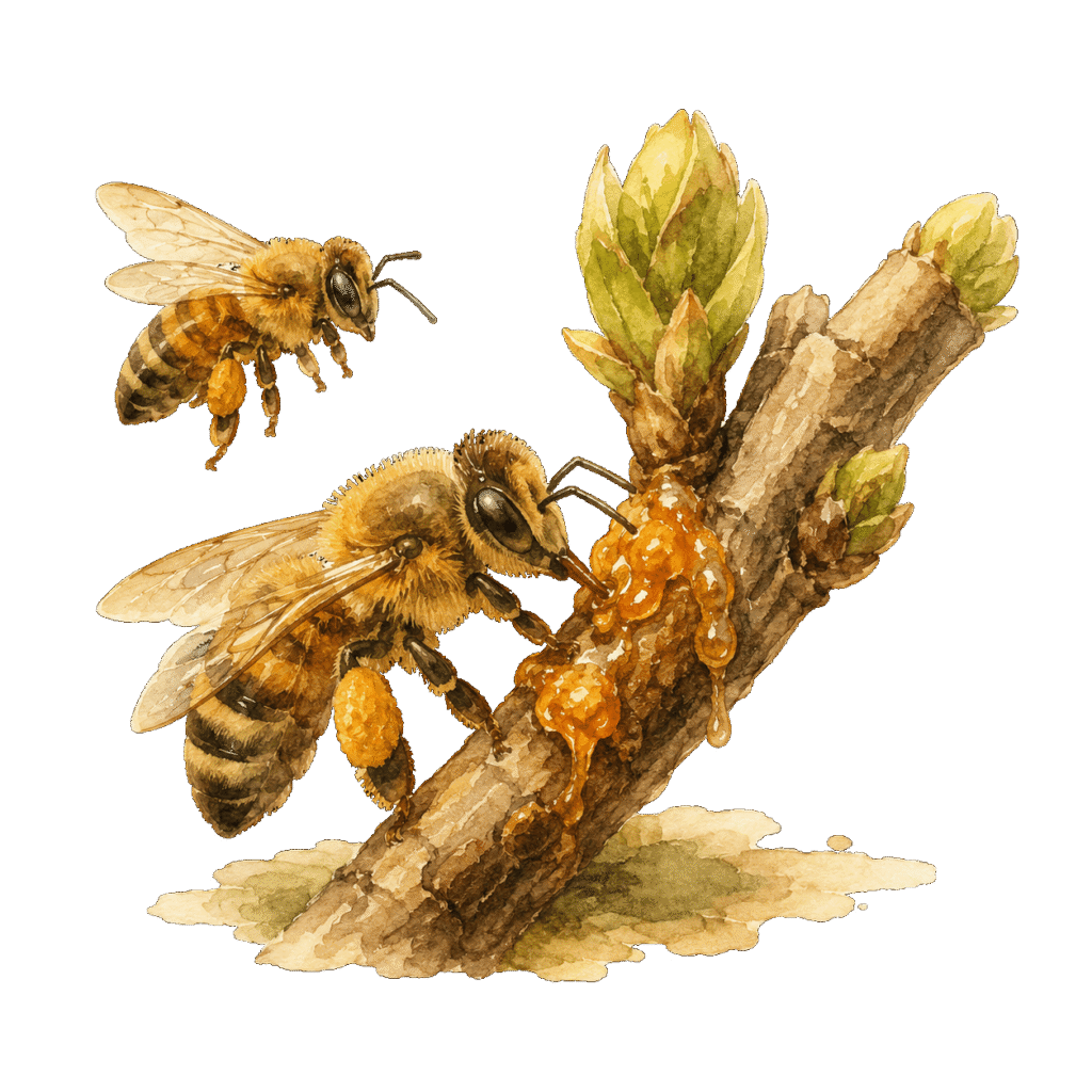 Honigbienen sammeln Propolis an einer Knospe