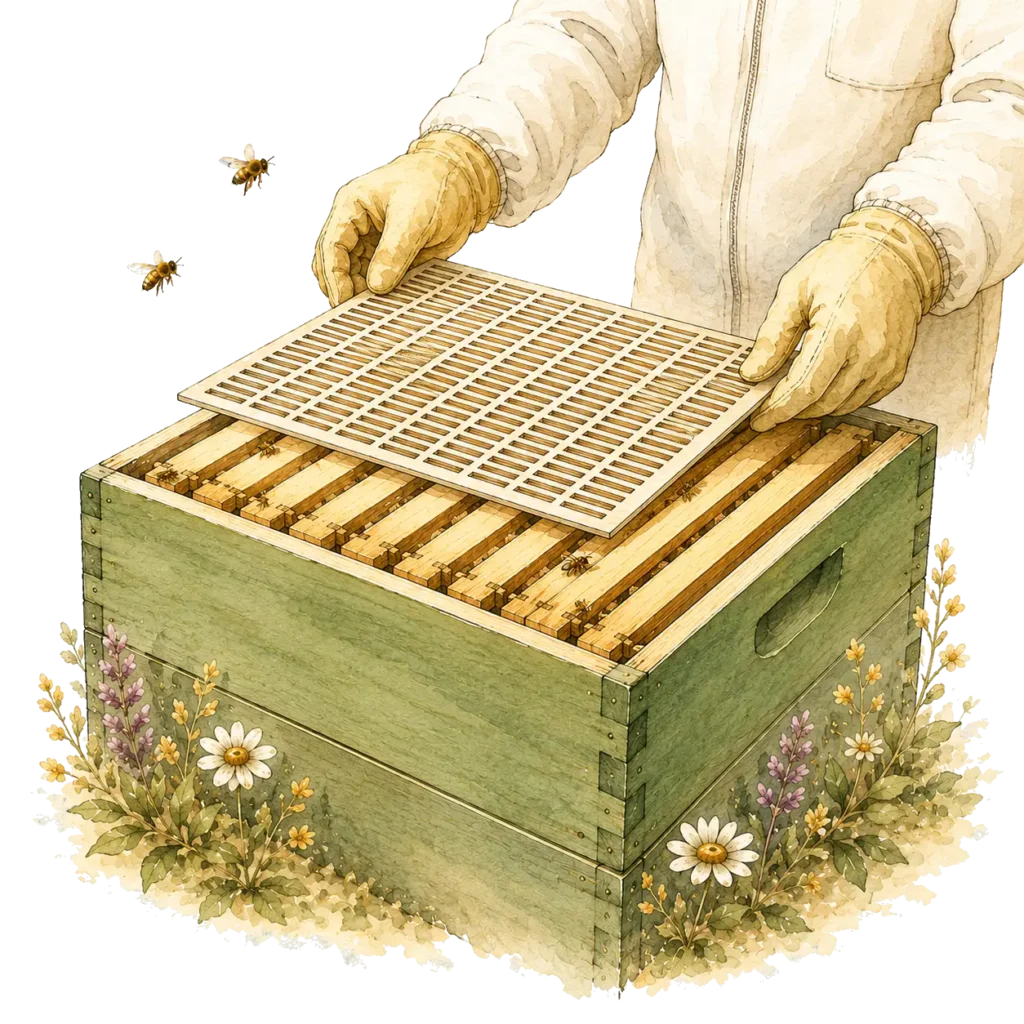 Propolisgitter auf einer geöffneten Bienenbeute